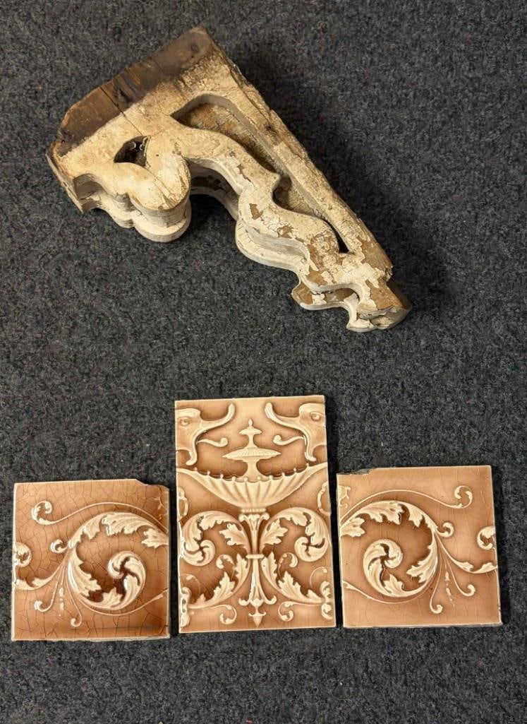 Architectural Salvage Antique Corbel Wood Bracket And Griffin Ceramic Tiles: Architectural Salvage Antique Corbel Wood Bracket And Griffin Ceramic Tiles. All Pictures Are Considered Part Of The Description And Should Be Examined Carefully By Bidders.. Live Auctioneers Is