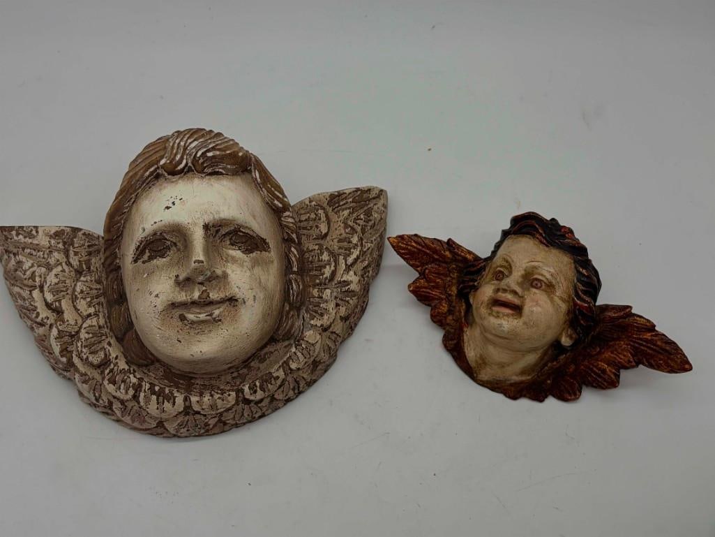 2 Antique Wood Carved Polychrome Angels Or Cherub Putti Probably Spain: 2 Antique Wood Carved Polychrome Angels Or Cherub Putti Probably Spain. Good Condition 8" Wide And 10" Wide. . All Pictures Are Considered Part Of The Description And Should Be Examined Carefully By B