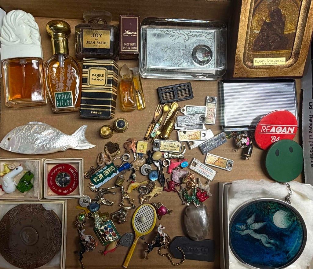 Womens Antique Junk Drawer Lot Of Miniatures, Perfume, Russian Icon, Angel Ornament And More: Womens Antique Junk Drawer Lot Of Miniatures, Perfume, Russian Icon, Angel Ornament And More. All Pictures Are Considered Part Of The Description And Should Be Examined Carefully By Bidder