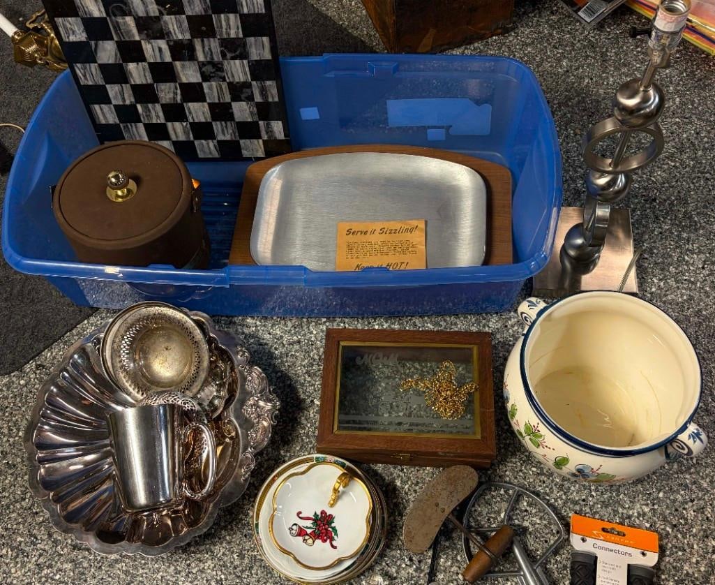 Lot Of Misc, Lamp, Ice Bucket, Marble Chess Board, Silverplate, Gladstone Platter: Lot Of Misc, Lamp, Ice Bucket, Marble Chess Board, Silverplate, Gladstone Platter. Willfred Planter And More. . All Pictures Are Considered Part Of The Description And Should Be Examined Carefully By