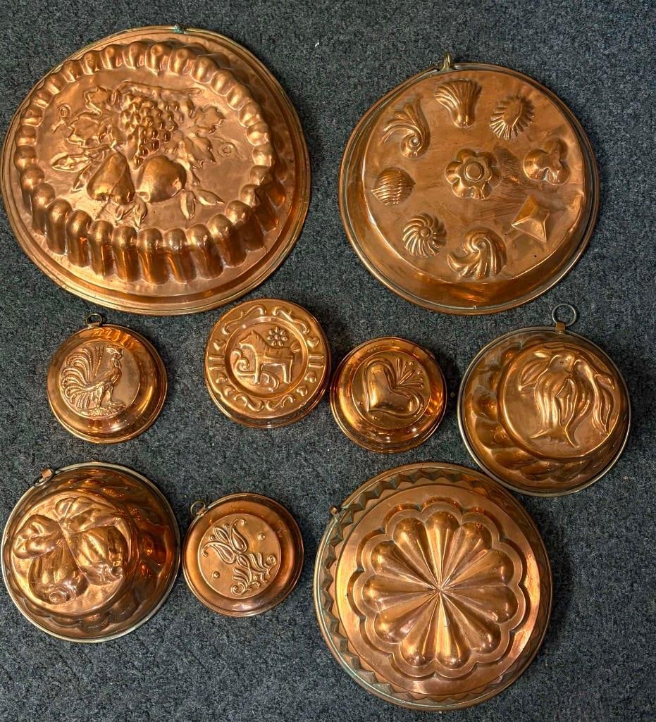 Lot Of 9 Vintage Copper Jello Baking Molds, Horse, Rooster, Fruit, Heart Flower (1 of 9)