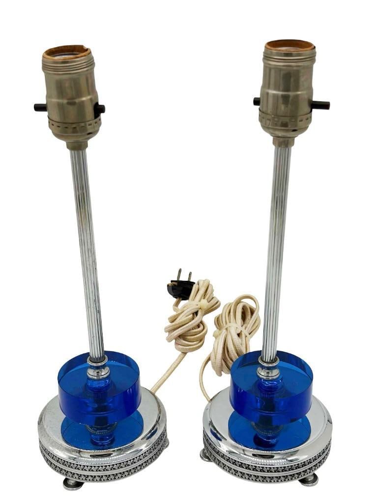 Vintage Pair Of Art Deco Style Chrome And Cobalt Boudoir Bedroom Lamps: Vintage Pair Of Art Deco Style Chrome And Cobalt Boudoir Bedroom Lamps. Excellent Condition, 13" Tall, No Shades. . All Pictures Are Considered Part Of The Description And Should Be Examined Carefully