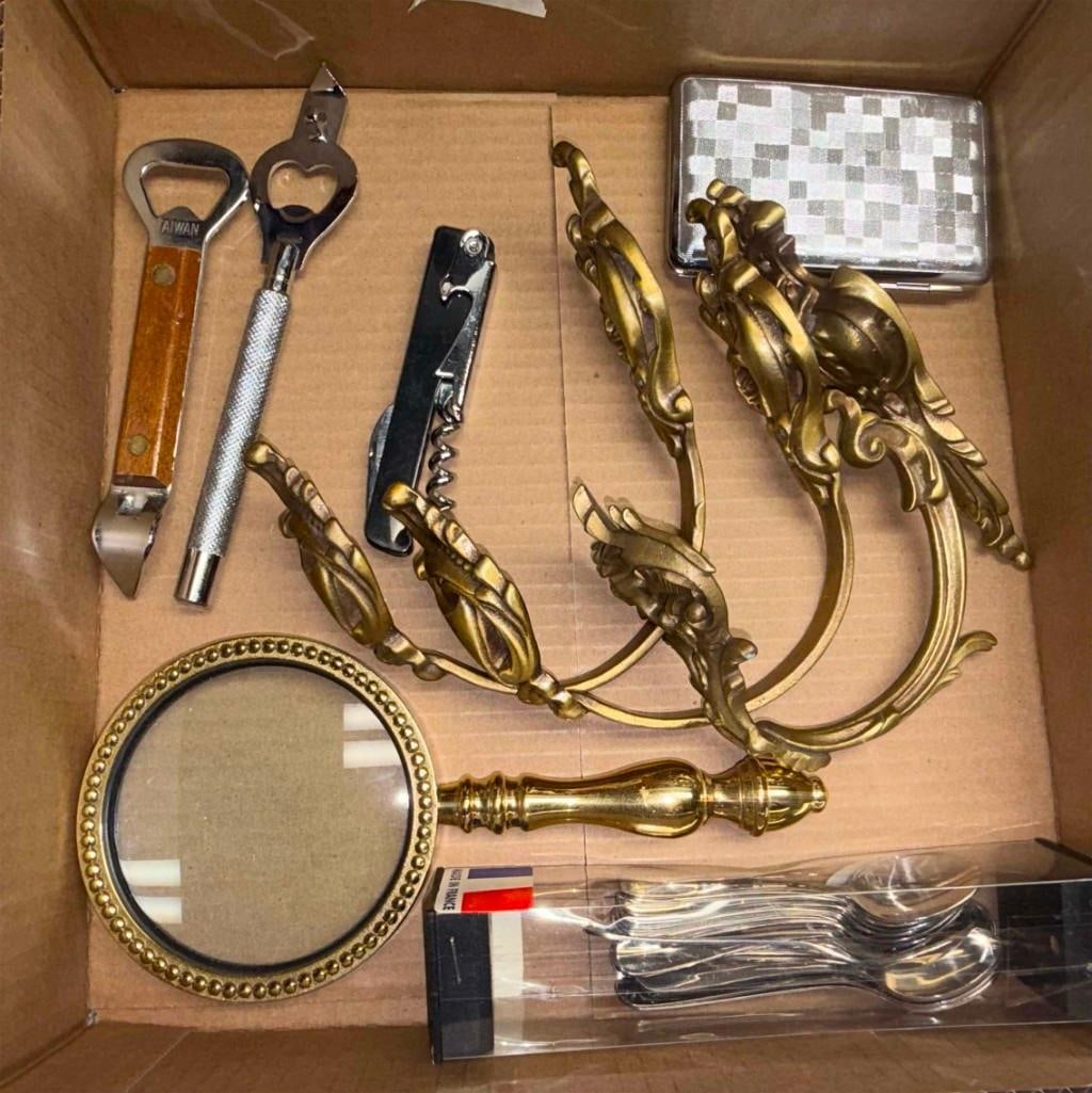 Misc Lot Bottle Openers, Grass Magnify Glass, Lebrun Mocca Spoons, Brass Wall Hooks (1 of 4)