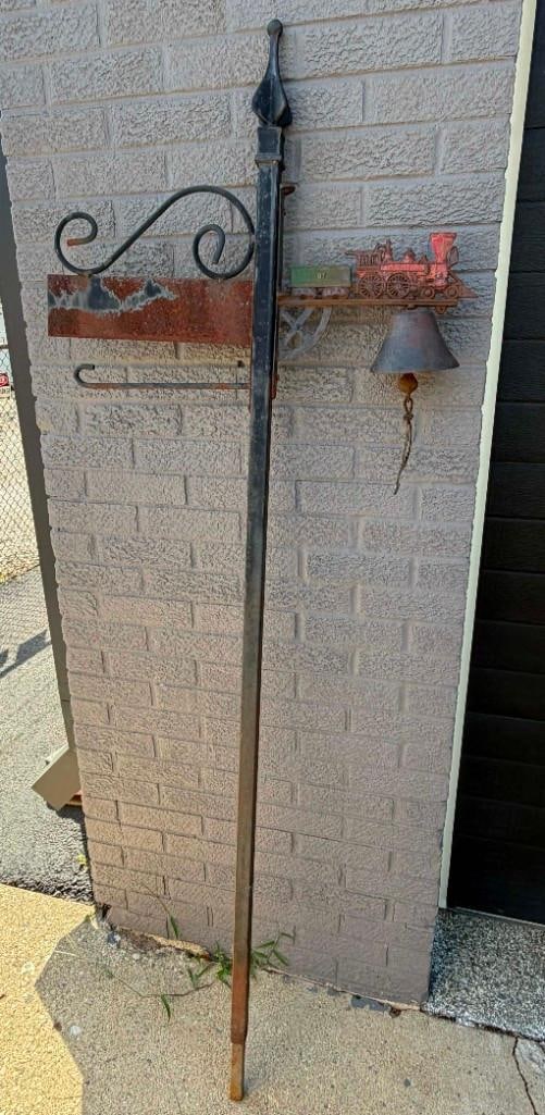 Locomotive / Train Railroad Address Sign / Dinner Bell On Mounting Pole (1 of 10)