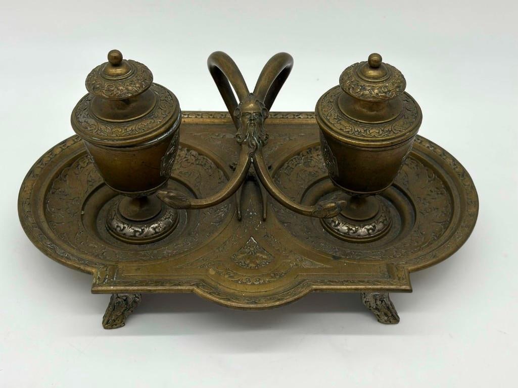 19th Century Persian Style Double Inkwell Engraved: 19th Century Persian Style Double Inkwell Engraved . Nice Condition, Makers Mark On Bottom . 11" Long. All Pictures Are Considered Part Of The Description And Should Be Examined Carefully By Bidders..