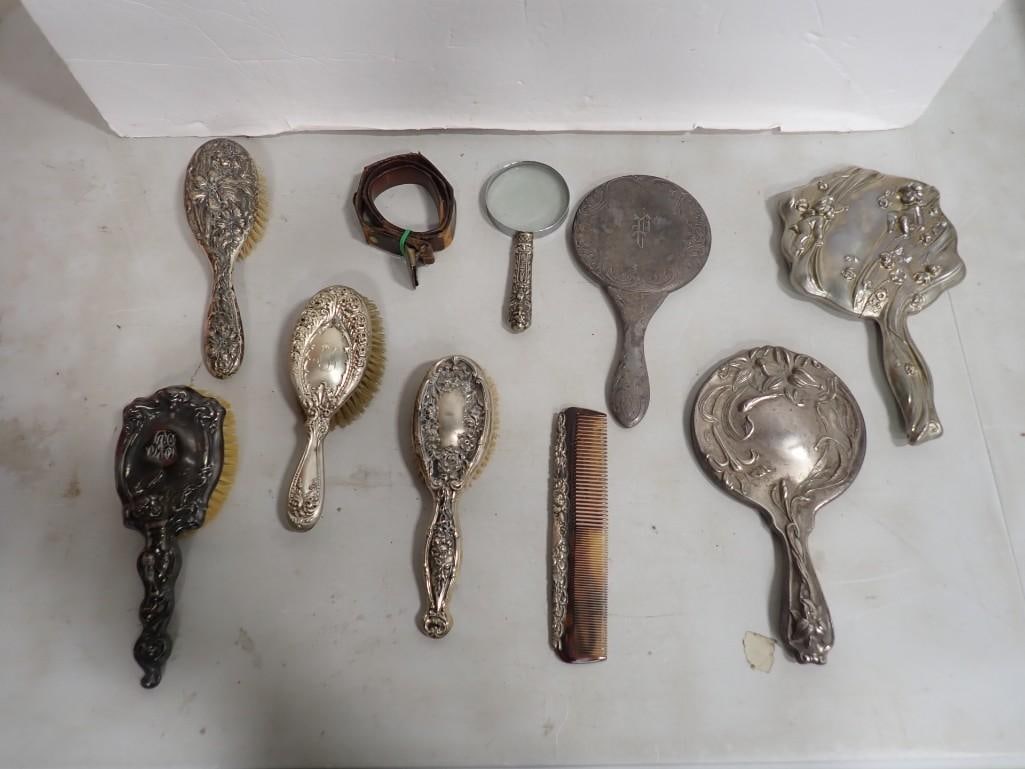 Antique Art Nouveau Victorian Era Hand Mirrors, Brushes, Comb, Belt Sterling Silver (1 of 16)