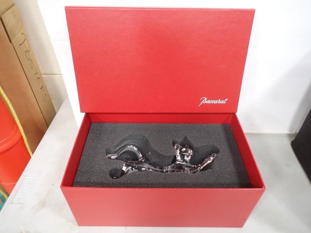 Baccarat Signed "Stretching" Or Playing Cat Crystal Sculpture With Box: Baccarat Signed "Stretching" Or Playing Cat Crystal Sculpture With Box. Nice Condition, With Box And String. 9" Long. All Pictures Are Considered Part Of The Description And Should Be Examined