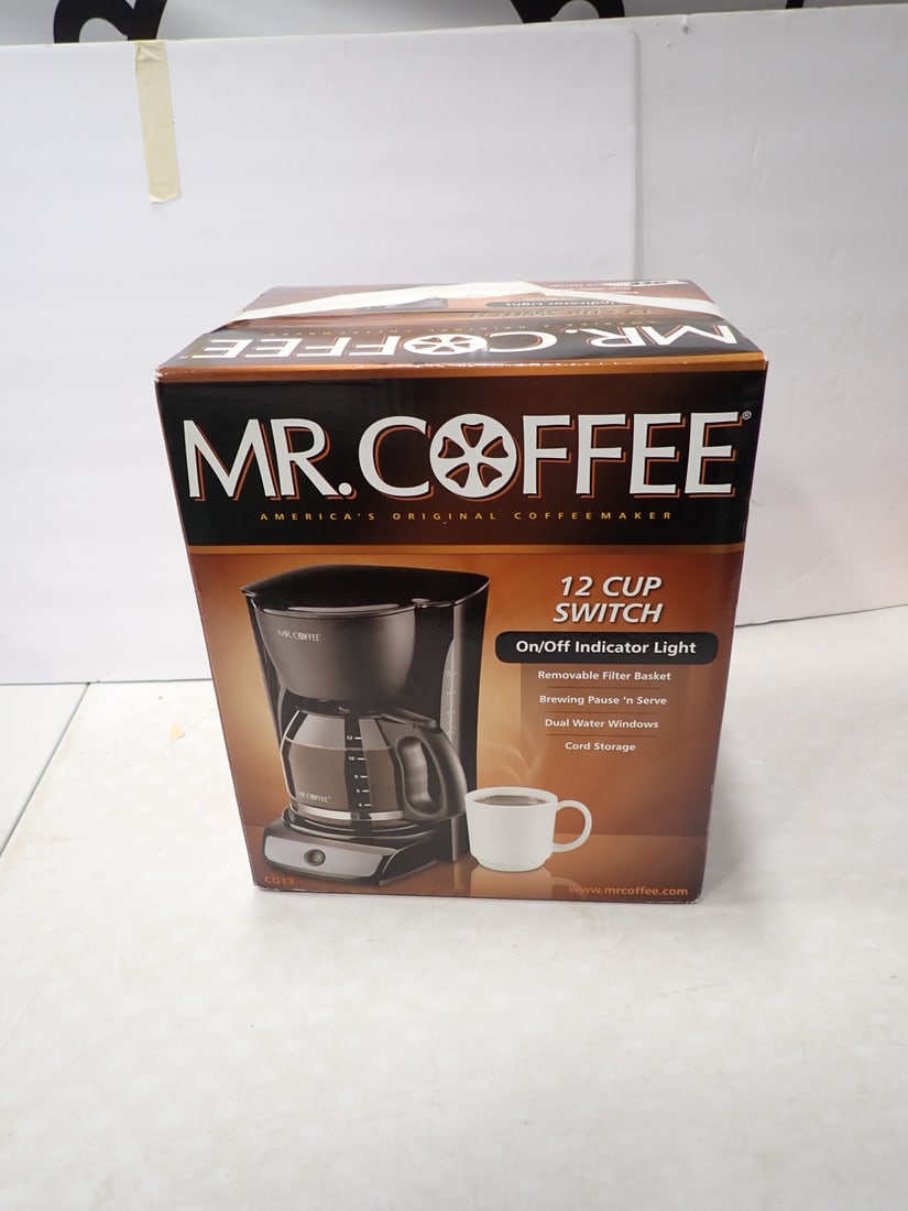 New In Box Mr. Coffee 12 Cup Coffee Pot: New In Box Mr. Coffee 12 Cup Coffee Pot. Sealed/New. . All Pictures Are Considered Part Of The Description And Should Be Examined Carefully By Bidders.. Live Auctioneers Is Now Offering Live Shipping 