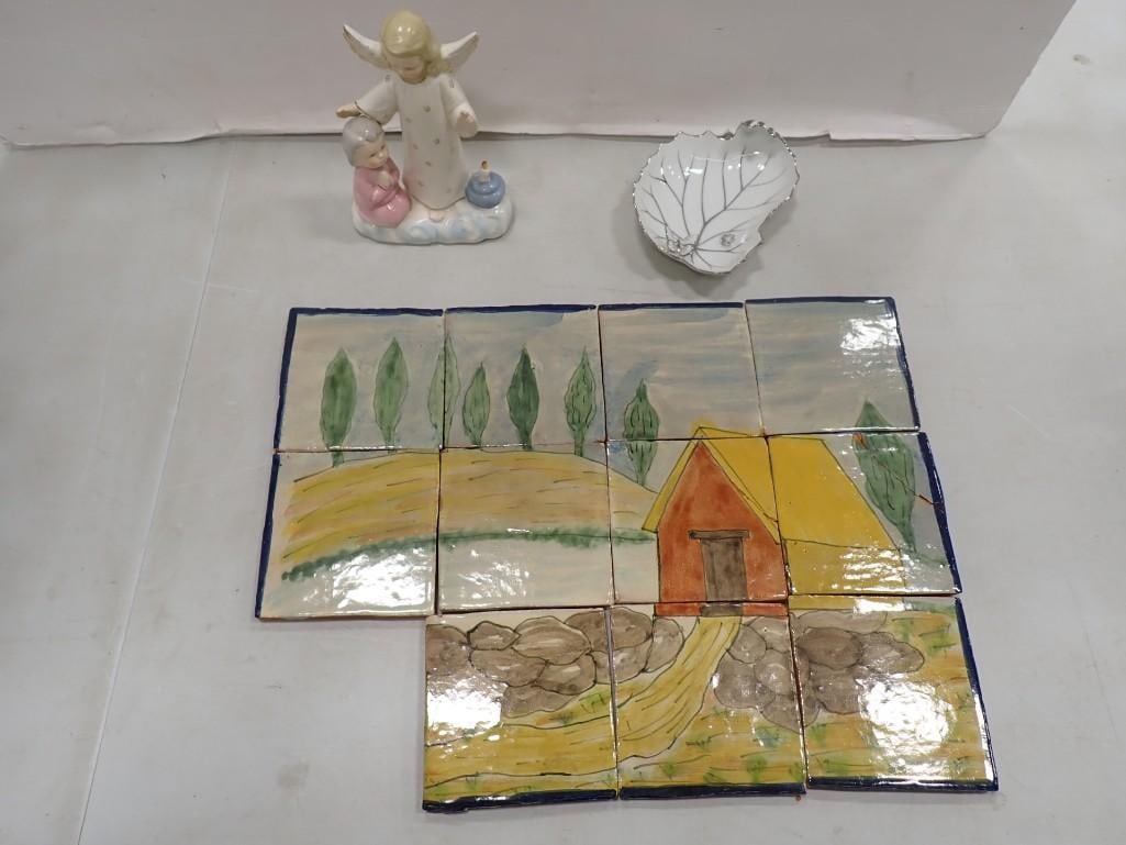 Hand Made Mexican Tile Mosaic Mural (One Cracked Tile), Mcm White Porcelain Trinket Dish W/ (1 of 13)