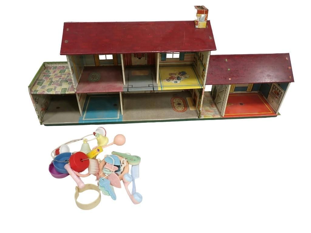 Vintage Tin Litho Doll House By Marx With Doll Accessories: Vintage Tin Litho Doll House By Marx With Doll Accessories - All pictures are considered part of the description and should be examined carefully by bidders. Live Auctioneers is now offering Live Ship