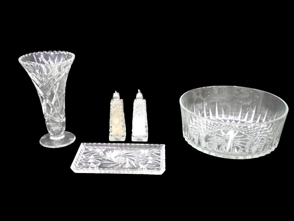Crystal Lot Including Bowl, Vase, Tray, Salt And Pepper Shakers: Crystal Lot Including Bowl, Vase, Tray, Salt And Pepper Shakers - All pictures are considered part of the description and should be examined carefully by bidders. Live Auctioneers is now offering Live