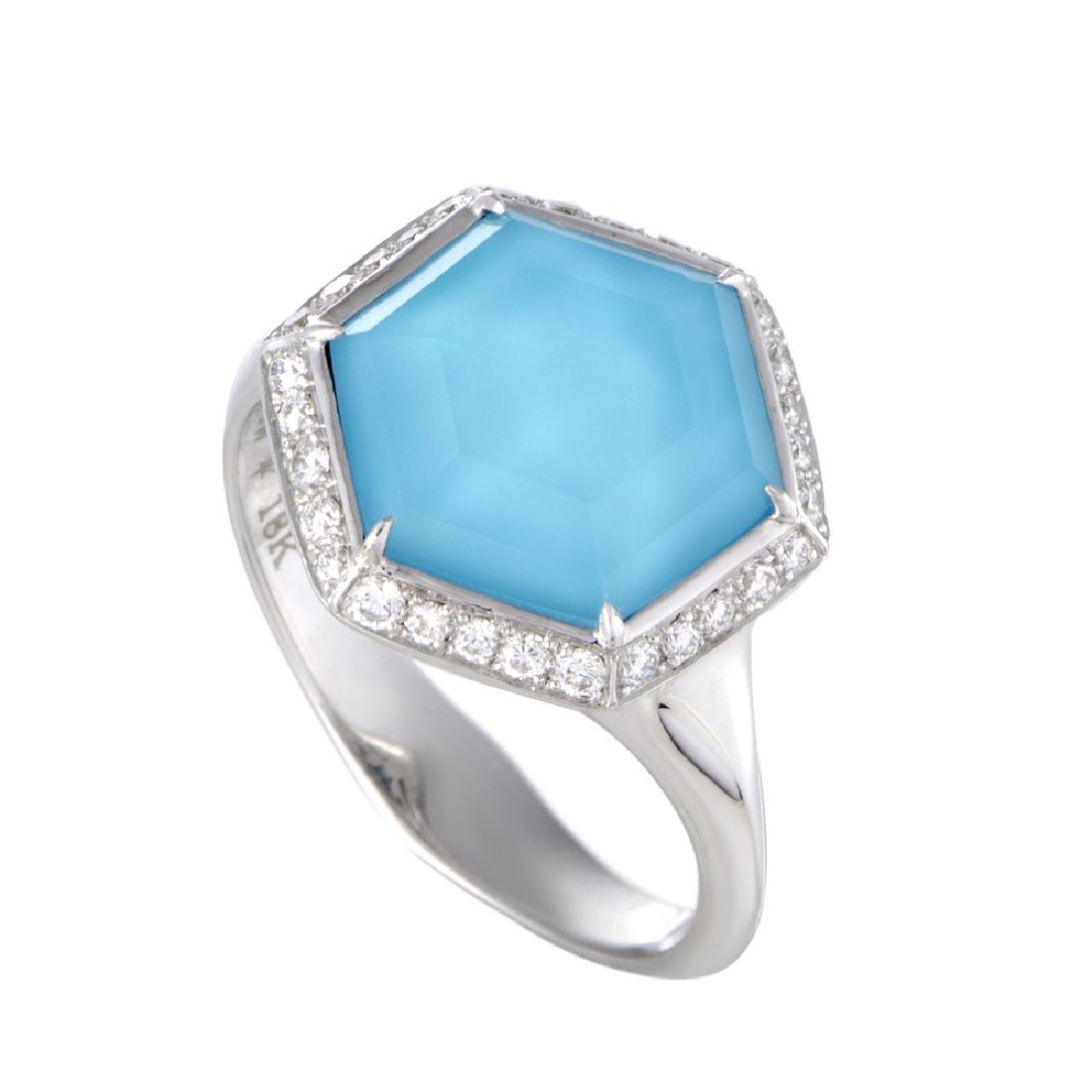 Stephen Webster Deco 18K White Gold Diamond Turquoise: Spotlessly polished and embellished with tantalizingly bright gemstones, this spectacular ring offers a look of absolute prestige and elegance. The ring is designed by Stephen Webster, and splendidly