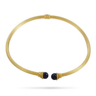 Ilias Lalaounis 18K Yellow Gold 2Lapis Omega Necklace: Add an exceptionally sophisticated touch to your ensembles with this classy piece from Ilias Lalaounis that features an incredibly refined design accentuated by two eyecatching lapis lazuli stones. Th