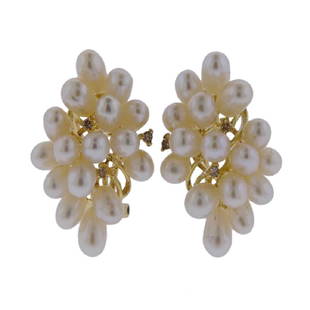 14K Gold Diamond Pearl Cluster Earrings: Metal Content: 14k goldWeight of Item: 6.6 gramsSize: earrings are 1&quot; x 16.5mmGemstone: Pearls, DiamondsStamp: 14K 585