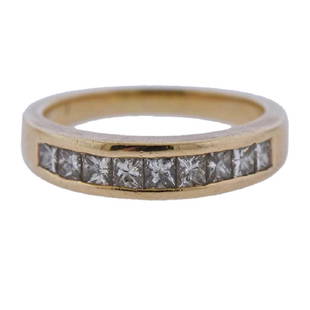 14K Gold Princess Cut Diamond Wedding Band Ring: Metal Content: 14k goldWeight of Item: 4.9 gramsSize: ring size 8.75. Band is 4.5mmGemstone: Princess cut diamondsCarat Weight: approx. 1.00ctw