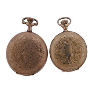 Antique Hampden Standard U.S.A. Pocket Watch Lot: Metal Content: Gold Tone Base MetalWeight of Item: 68.1 grams (2 watches)Size: Cases diameter 33mm and 35mm.Movement: Manual wind. Non running order.Marks: Molly Stark U.S.A., 1848825, 615, 5661505; 7