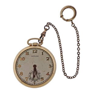 Hamilton 14k Gold Pocket Watch cal. 917: Metal Content: 14k Gold Dial: Hamilton signed dial, rust on all hands. Weight of Item: 54.8 gramsSize: Diameter of the case - 45mm. Chain length - 6.5&quot; (non gold) Movement: Manual wind. Not runni