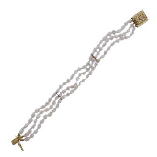 14K Gold Pearl Diamond Three Strand Bracelet: Metal Content: 14k goldWeight of Item: 16.4 gramsSize: bracelet length-8", width-15mmGemstone: fresh water pearls, diamondStamp: 14K