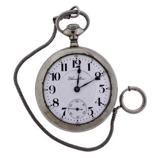 Hamilton Railroad Pocket Watch cal. 940: Metal Content: Base Metal Dial: Porcelain hand painted double sunk dial, with applied black markers. Size: Diameter of the case - 53mm. Chain - 7 3/4". Movement: Manual wind, Non working order.