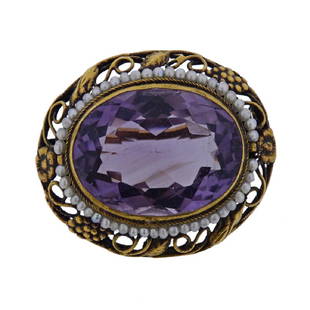 Antique 14K Gold Amethyst Seed Pearl Pin: Metal Content: 14k goldWeight of Item: 9.5 gramsSize: 1 1/4" x 1"Gemstone: Amethyst, seed pearlsStamp: 14K