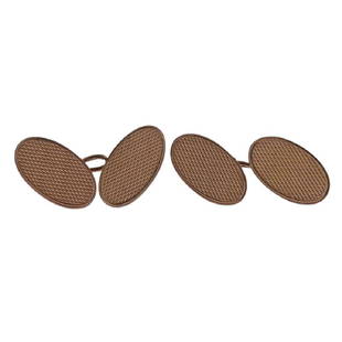 English Art Deco 9K Rose Gold Oval Cufflinks: Metal Content: 9k rose goldWeight of Item:5.3 gramsSize: Top/ bottom of the cufflink- 18.5 x 11mmGemstone: N/AStamp: 375 9 F.C. English Gold marks