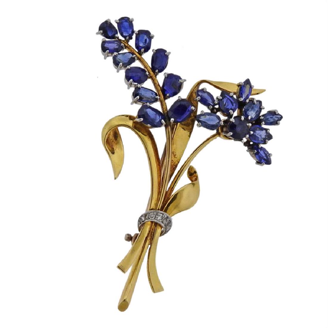Retro 18k Gold Sapphire Diamond Brooch (1 of 3)