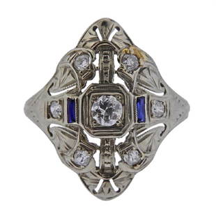 Art Deco 18k Gold Diamond Sapphire Ring: Metal Content: 18k Gold.Weight of Item: 3.6 grams.Size: Ring size 6.5, width of the top 22mm. Gemstone: Diamond, Sapphire. Carat Weight: 0.34ctw.Stamp: 18k.