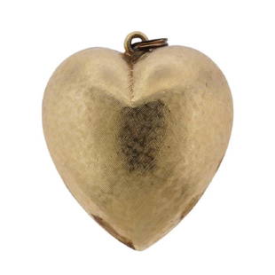 14k Gold Puffed Heart Pendant: Metal Content: 14k Gold. Weight of Item: 9.8 grams.Size: 35mm x 30mm.Gemstone: n/aStamp: Engraving :" Love you always. Carl". 14k.