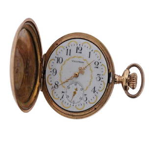 Waltham 14k Four Color Gold Pocket Watch: Metal Content: 14k Multi Color Gold. Weight of Item: 62 grams.Dial: Porcelain dial with original gold trim and hands. Missing crystal. Size: Diameter of the case - 40mm. Needs adjustment - will not