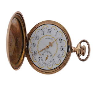 Waltham 14k Four Color Gold Pocket Watch: Metal Content: 14k Multi Color Gold. Weight of Item: 62 grams.Dial: Porcelain dial with original gold trim and hands. Missing crystal. Size: Diameter of the case - 40mm. Needs adjustment - will not st