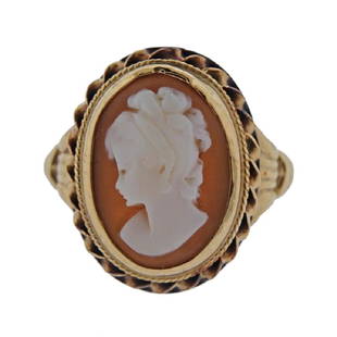 14k Gold Cameo Ring: Metal Content: 14k Gold. Weight of Item: 3.9 grams.Size: Ring size - 8, top of the ring - 18mm x 18mm.Gemstone: Cameo, made of shell. Stamp: 14k.