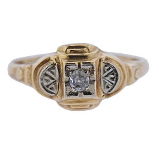 Art Deco 14k Gold Diamond Engagement Ring: Metal Content: 14k Gold. Weight of Item: 1.2 grams.Size: Ring size 5.25, width of the top - 7mm. Gemstone: Diamond.Carat Weight: 0.06ct.Stamp: 14k.