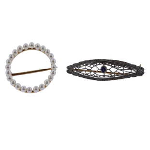 14k Gold Pearl Sapphire Brooch Lot 2 pcs: Metal Content: 14k Gold. Weight of Item: Total 5 grams.Size: Diameter of one - 25mm; 38mm x 9mm. Gemstone: Sapphire, Pearl.Stamp: 14k.