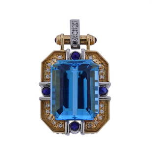 18k Gold Platinum Topaz Diamond Sapphire Pendant: Metal Content: 18k Gold and Platinum.Weight of Item: 22.6 grams.Size: 40mm x 23mm. Gemstone: Topaz, Diamond, Sapphire. Carat Weight: 32.50ct, 0.24ctw. Stamp: D024, 32.5, pt900, k18.