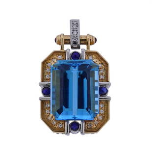 18k Gold Platinum Topaz Diamond Sapphire Pendant: Metal Content: 18k Gold and Platinum.Weight of Item: 22.6 grams.Size: 40mm x 23mm. Gemstone: Topaz, Diamond, Sapphire. Carat Weight: 32.50ct, 0.24ctw. Stamp: D024, 32.5, pt900, k18.