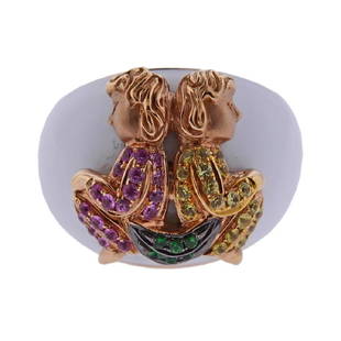 18k Gold Pink Green Yellow Sapphire Ring: Metal Content: 18k Rose Gold.Weight of Item: 14.1 grams.Size: Ring size 8, width of the top - 17mm. Gemstone: Pink , Green, Yellow Sapphire. Carat Weight: 1.15ctw.Stamp: 750 g.