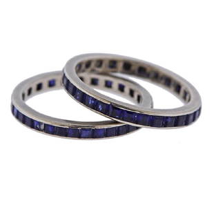 Platinum Sapphire Band Ring Set: Metal Content: platinumWeight of Item: 2.1 grams.Size: Rings are in size 6 and 6.25. Each band is 2.2mm wideGemstone: sapphiresStamp: N/A, tested platinum