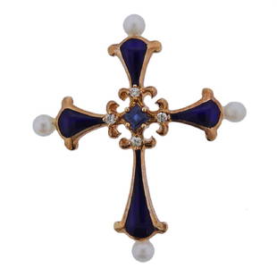 14k Gold Enamel Pearl Sapphire Diamond Cross Pendant: Metal Content: 14k Gold.Weight of Item: 3.3 grams.Size: 35mm x 30mm.Gemstone: Pearl 3mm, Sapphire, Diamond.Stamp: 14k.