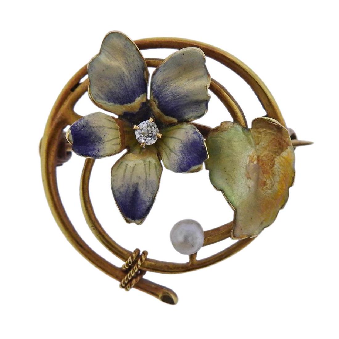 Antique 14K Gold Diamond Enamel Pansy Pin (1 of 3)
