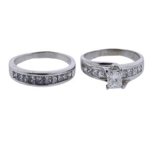 18K 14K Gold Diamond Bridal Ring Set: Metal Content: 18K gold, 14K goldWeight of Item: 5.5 gramsSize: Engagement ring size 5.75. Top of the ring 5.5mm. Wedding band ring size 6. Band is 3.7 mmGemstone: Princess cut diamonds. VS/GH-
