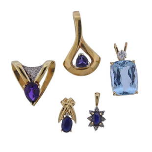 14K 10K Gold Diamond Multi Gemstone Pendant Lot 5 pcs: Metal content: 10K Gold and 14K GoldWeight of Item: 15.4 gramsSize: 30 x 18mm; 21 x 20 mm; 26 x 13 mm; 15 x 8.5 mm; 17.5 x 9 mmGemstone: Diamonds, Multi color gemstonesStamp: 10K, 14K, tested 14K gold