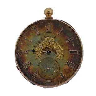 Antique 18k Gold J. French London Repousse Dial Pocket: Metal Content: 18k Gold. Dial: original gold dial (with slight discoloration at markers), repousse applied design in the center. Small second hand dial at 6 o'clock position.Weight of Item: 71.5 g