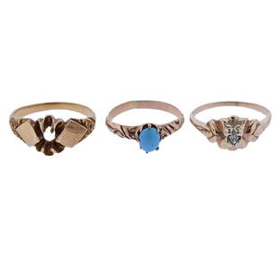 Victorian Antique Gold Diamond Turquoise Ring Lot 3pcs: Metal Content: 14k and 10k Gold. Weight of Item: Total 5.4 grams.Size: Ring sizes - 6.75; 5.5; 4.5. Gemstone: Turquoise, Diamond (one diamond in one ring is missing). Stamp: 14k 10k.