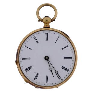 Antique 18k Gold Key Wind Pocket Watch: Metal Content: 18k Gold. Dial: Porcelain dial with black applied Roman markers. Missing crystal. Weight of Item: 26.7 grams.Size: Diameter of the case - 34mm.Movement: Manual key wind - missing the