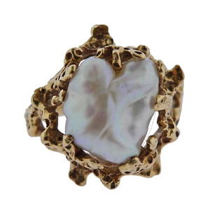 1970s 14k Gold Pearl Free Form Ring: Metal Content: 14k Gold.Weight of Item: 5 grams.Size: Ring size - 3.25, top - 17mm wide.Gemstone: Pearl.Stamp: 14k.