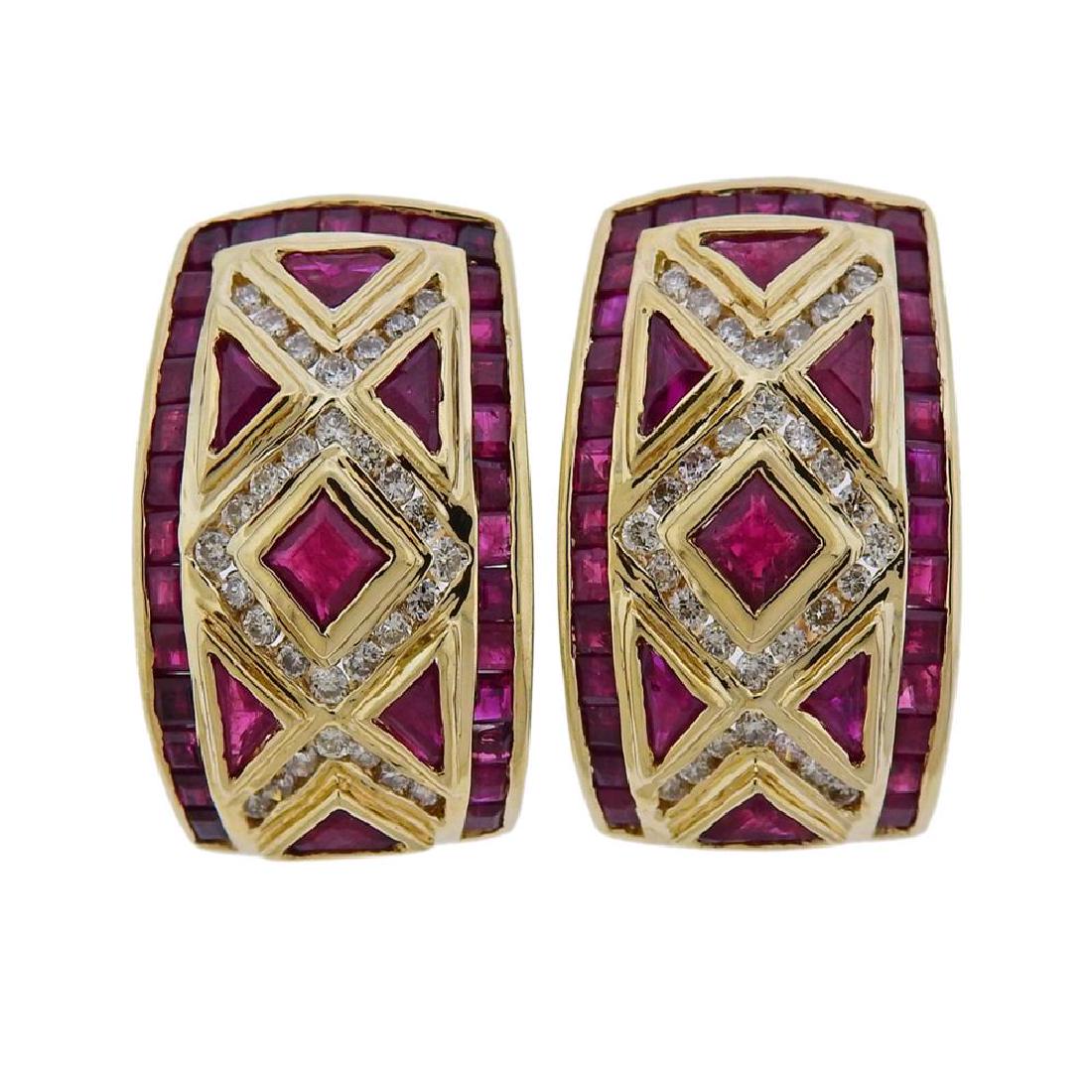 14k Gold Diamond Ruby Half Hoop Earrings (1 of 3)