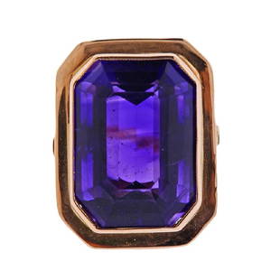 14K Gold Amethyst Cocktail Ring: Metal Content: 14K gold.Weight of Item: 8.6 grams,Size: Ring size 5.5. Top of the ring 24 x 19mm.Gemstone: Amethyst 18.5x 14.5 x 9.5mm.Stamp: n/a, tested 14K gold.