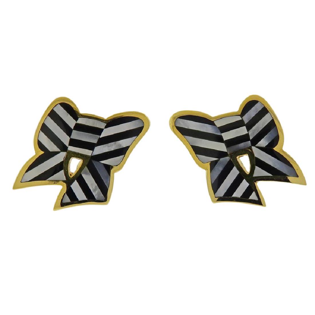 Tiffany & Co 18K Gold Onyx MOP Inlay Bow Earrings (1 of 5)