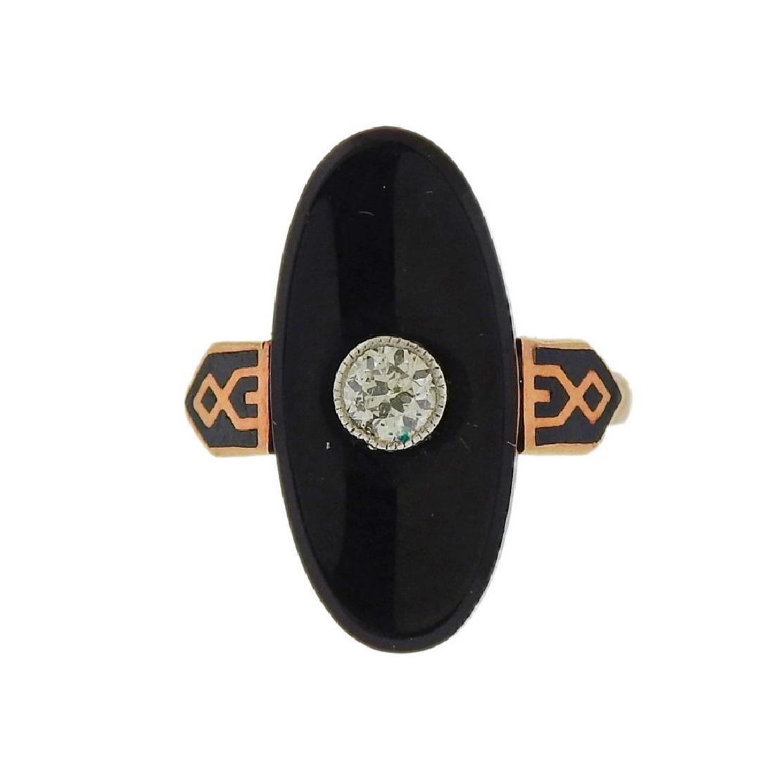 Antique 14K Gold Onyx Diamond Enamel Ring (1 of 3)