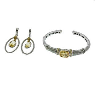 Judith Ripka 18K Gold Silver Diamond Yellow Stone: Metal Content: 18k Gold, Sterling Silver.Weight of Item: 33.5 grams.Size: Bracelet will fit 7&quot; wrist x 10mm at widest point. Earrings are 40mm x 19mm.Gemstone: Diamonds. Yellow stones. Stamp: 18k